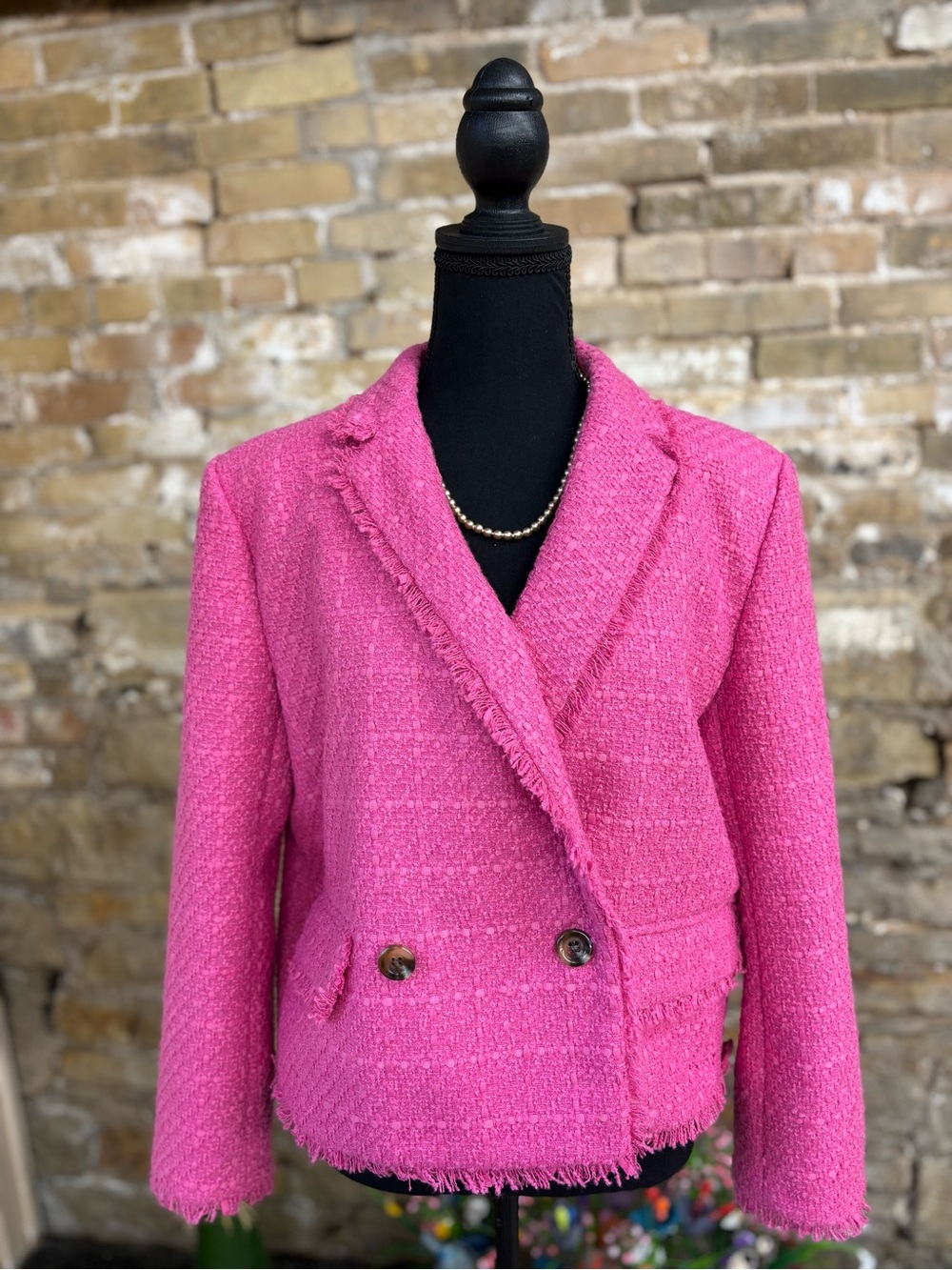 Ann Taylor Hot Pink Tweed Blazer with Frayed Trim